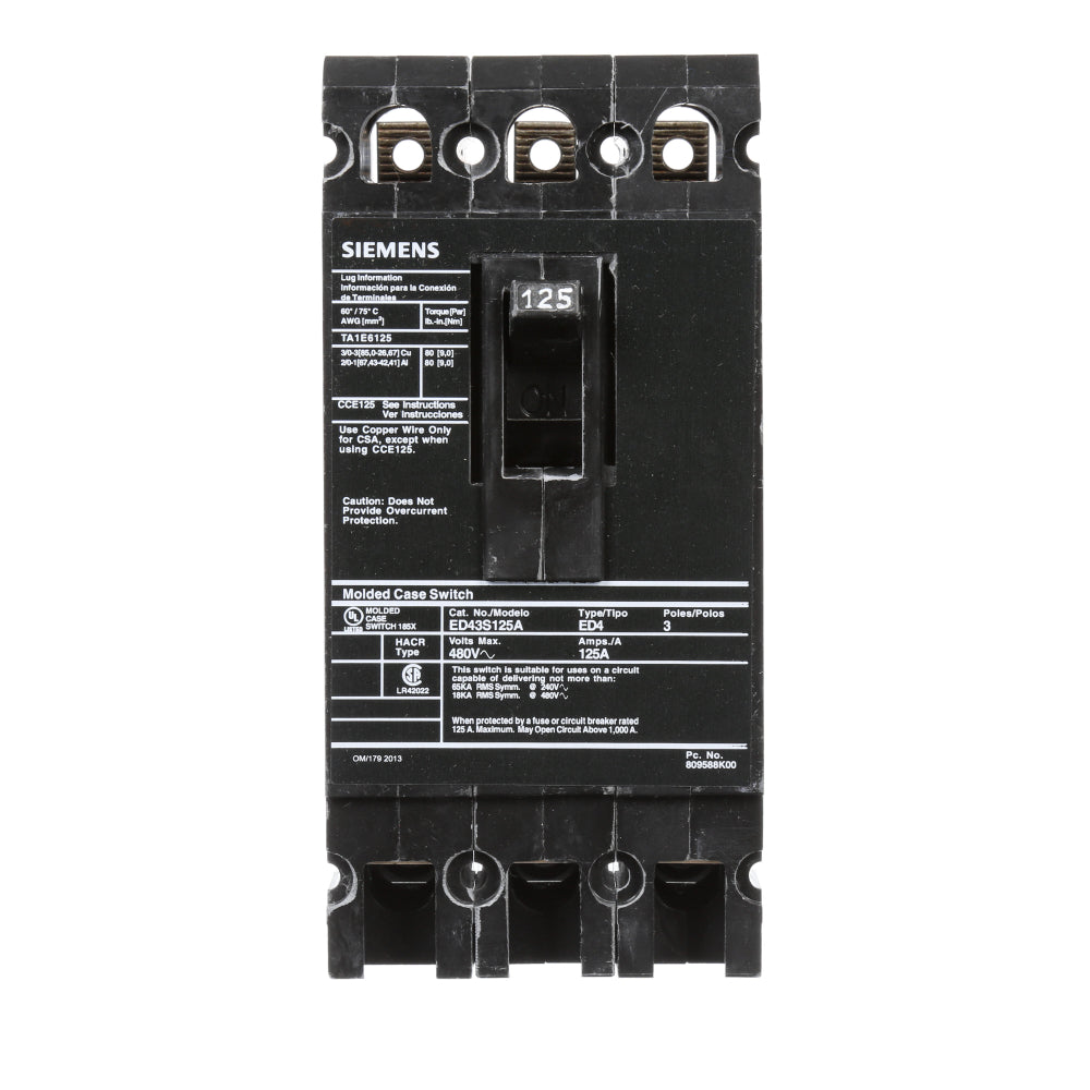 ED43S125A - SIemens Bolt-On 125 Amp 3 Pole Circuit Breaker - Essential Electric Supply