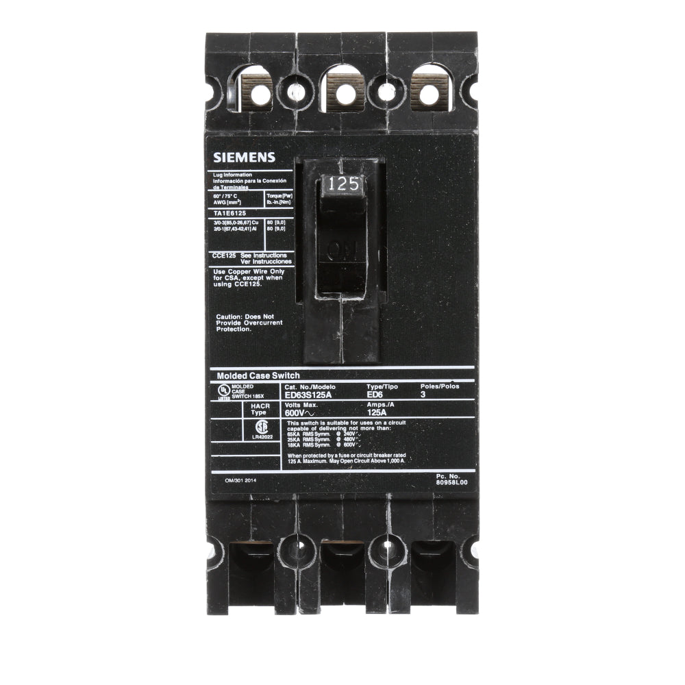 ED63S125A - SIemens Bolt-On 125 Amp 3 Pole Circuit Breaker - Essential Electric Supply