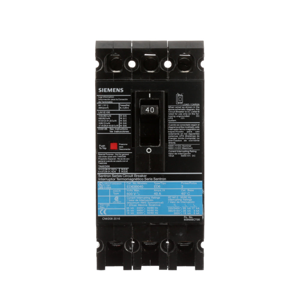 ED63B040L - SIemens Feed-Thru 40 Amp 3 Pole Circuit Breaker - Essential Electric Supply
