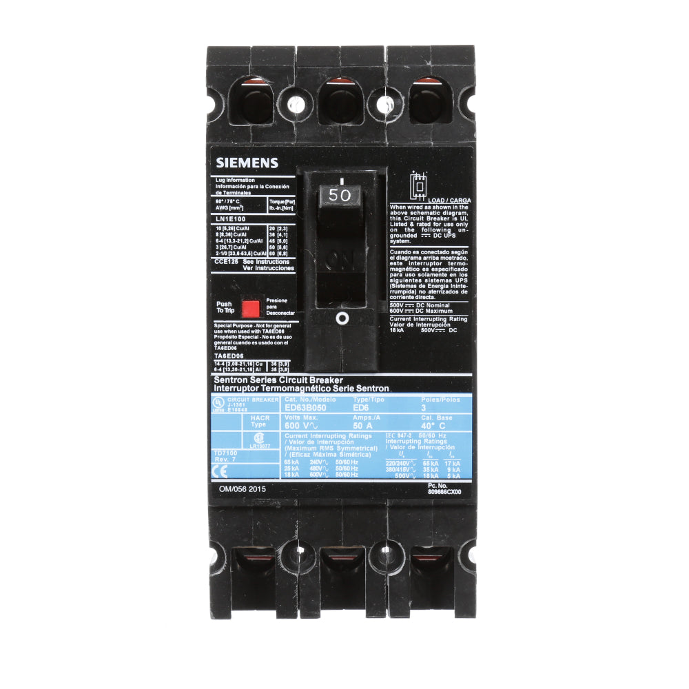ED63B050L - SIemens Feed-Thru 50 Amp 3 Pole Circuit Breaker - Essential Electric Supply