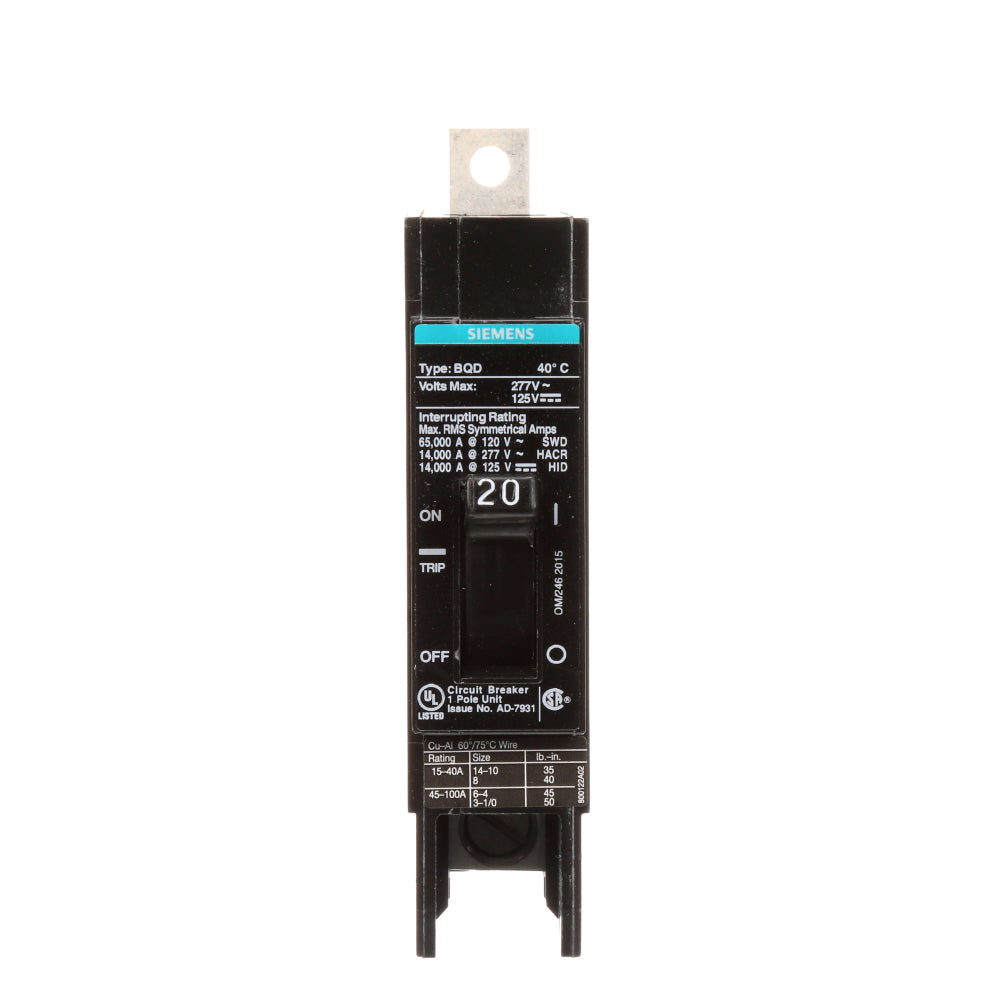 Siemens BQD120 Circuit Breaker | 277V 20A 1P 14kA@277V Bolt-on BQD Series