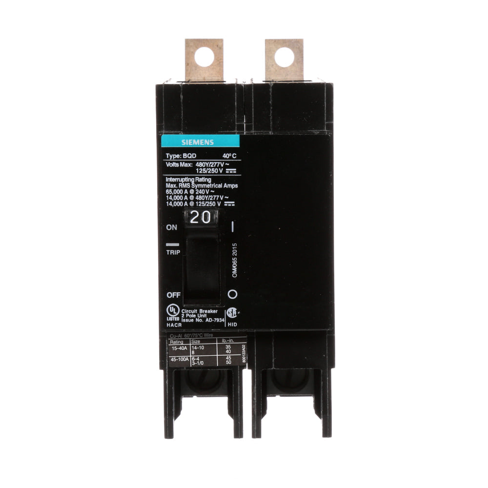 BQD220 - SIemens Bolt-On 20 Amp 2 Pole Circuit Breaker - Essential Electric Supply