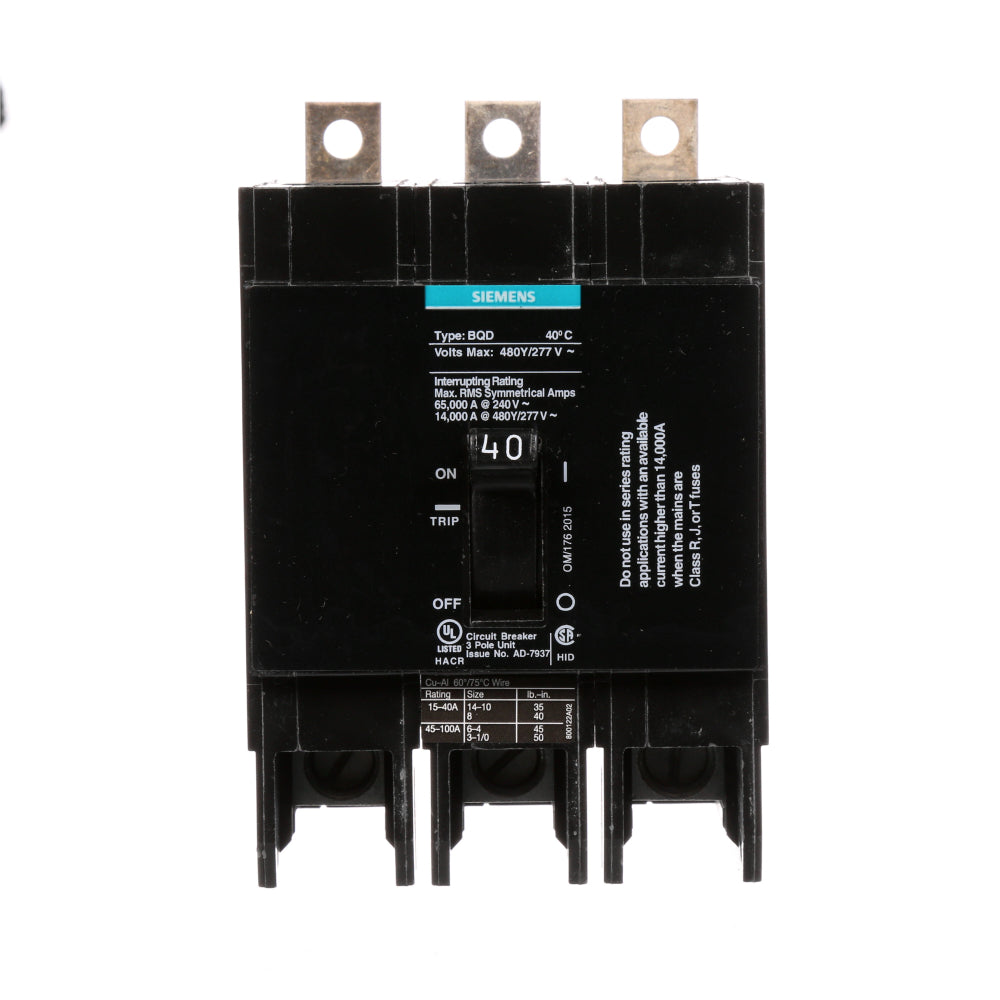 BQD340 - SIemens Bolt-On 40 Amp 3 Pole Circuit Breaker - Essential Electric Supply