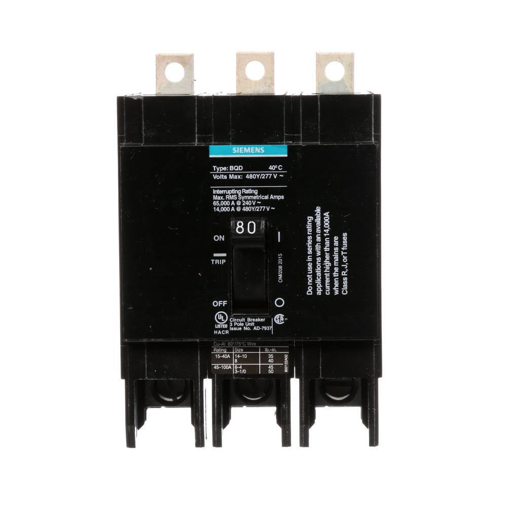 BQD380 - SIemens Bolt-On 80 Amp 3 Pole Circuit Breaker - Essential Electric Supply