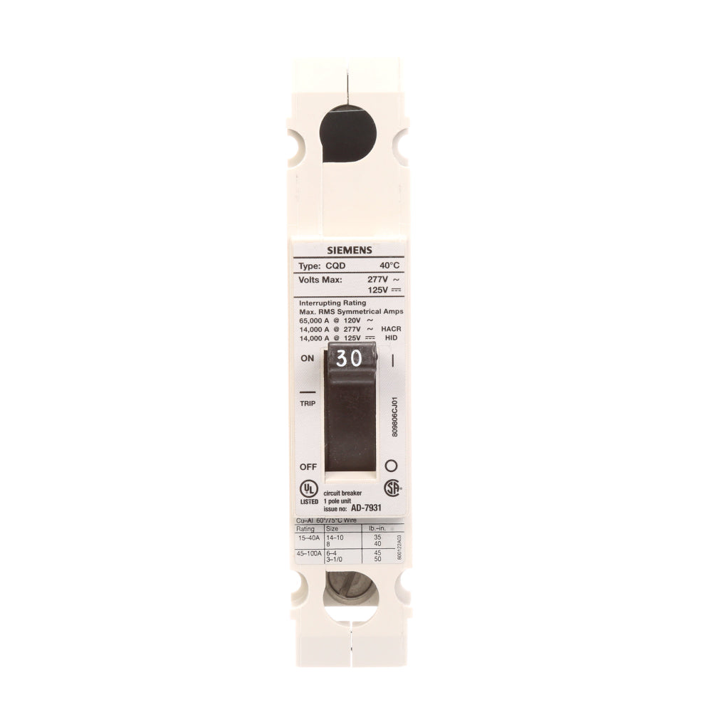 Siemens CQD130 Circuit Breaker | 277V 30A 1 Pole 14kA@277V Feed-Thru CQD Series