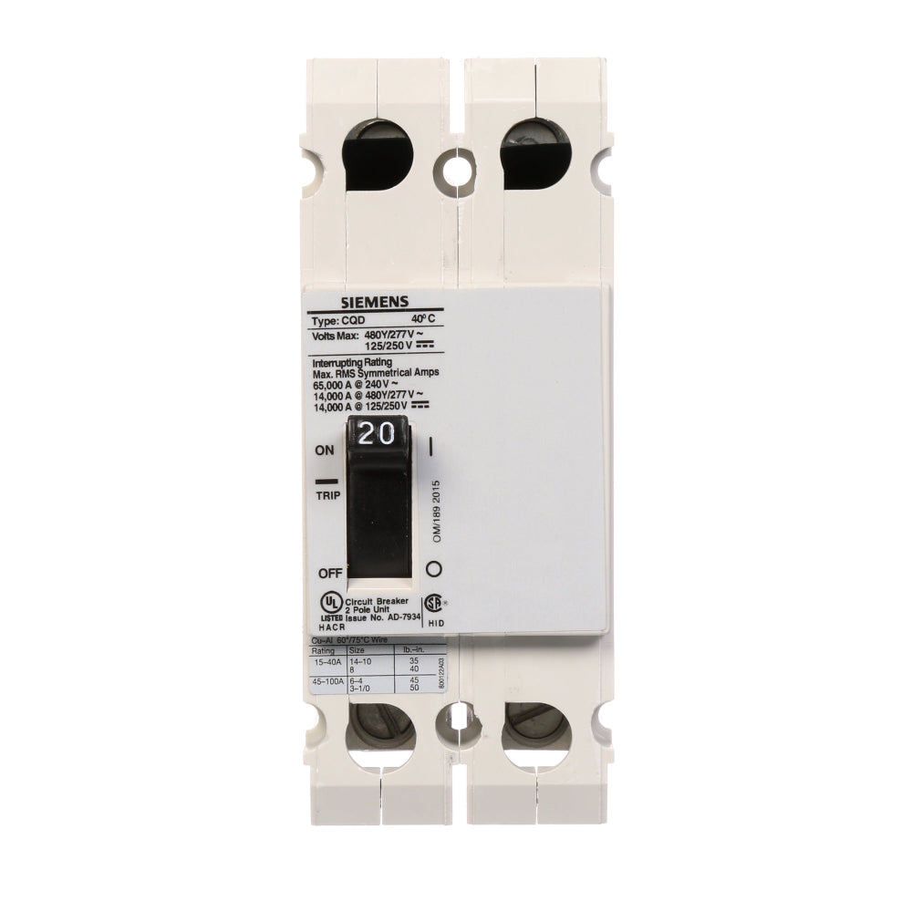 CQD220 - SIemens Feed-Thru 20 Amp 2 Pole Circuit Breaker - Essential Electric Supply