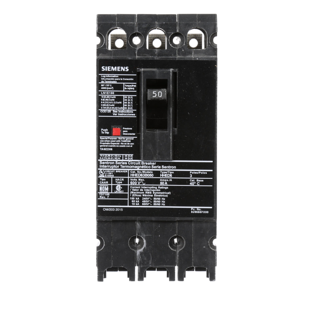 HHED63B050 - SIemens Bolt-On 50 Amp 3 Pole Circuit Breaker - Essential Electric Supply