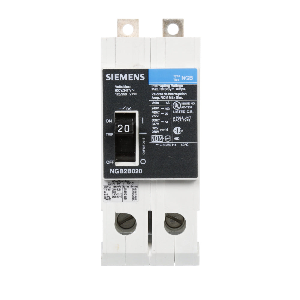 NGB2B020B - SIemens Bolt-On 20 Amp 2 Pole Circuit Breaker - Essential Electric Supply