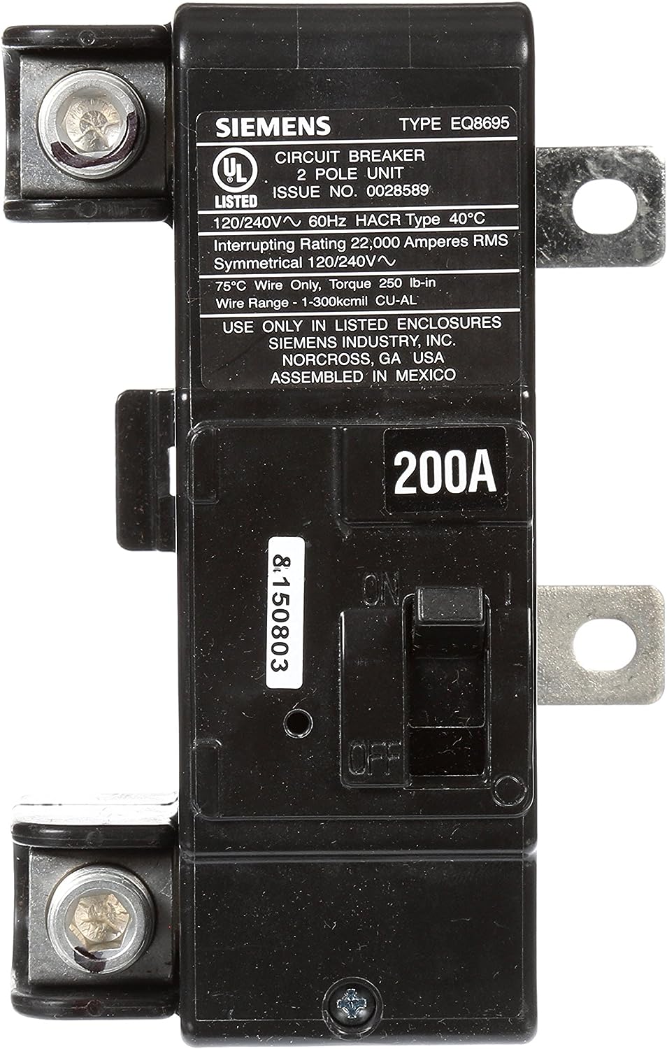 MBK200M Murray/Siemens 200-Amp Main Circuit Breaker for Use in EQIII Type Load Centers - Essential Electric Supply