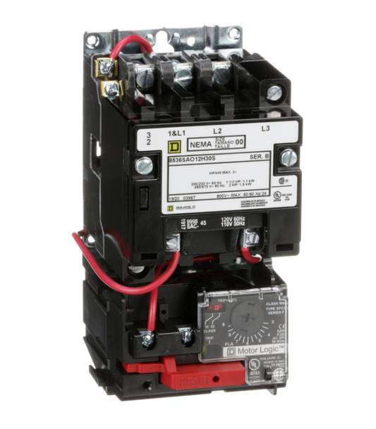8536SAO12V02H30S Square D Class 8536 Motor Starter 3 pole 3 phase 600V 9A 110V coil - Essential Electric Supply