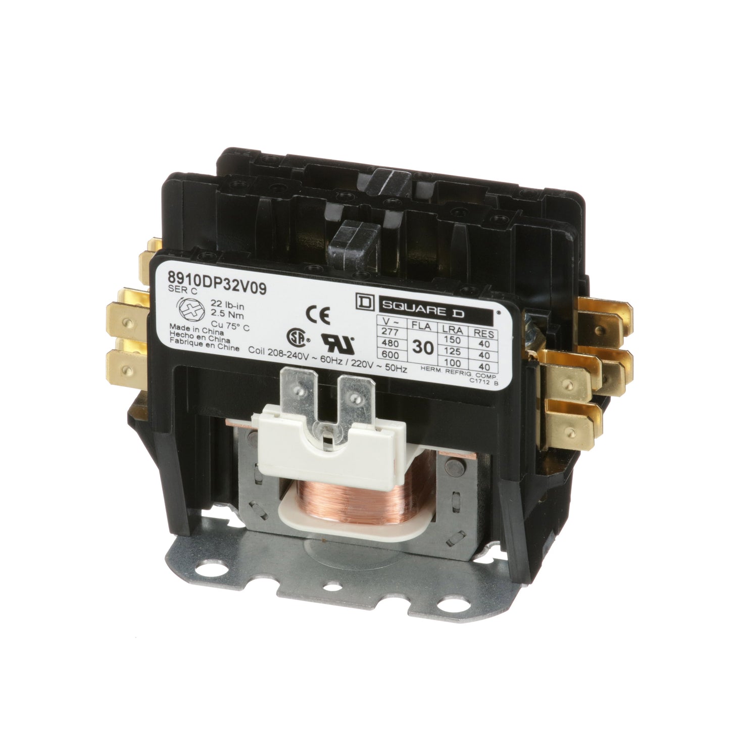 Square D 8910DP32V09 Contactor | 2 pole 1 phase 600V 30A 220VV coil Class 8910