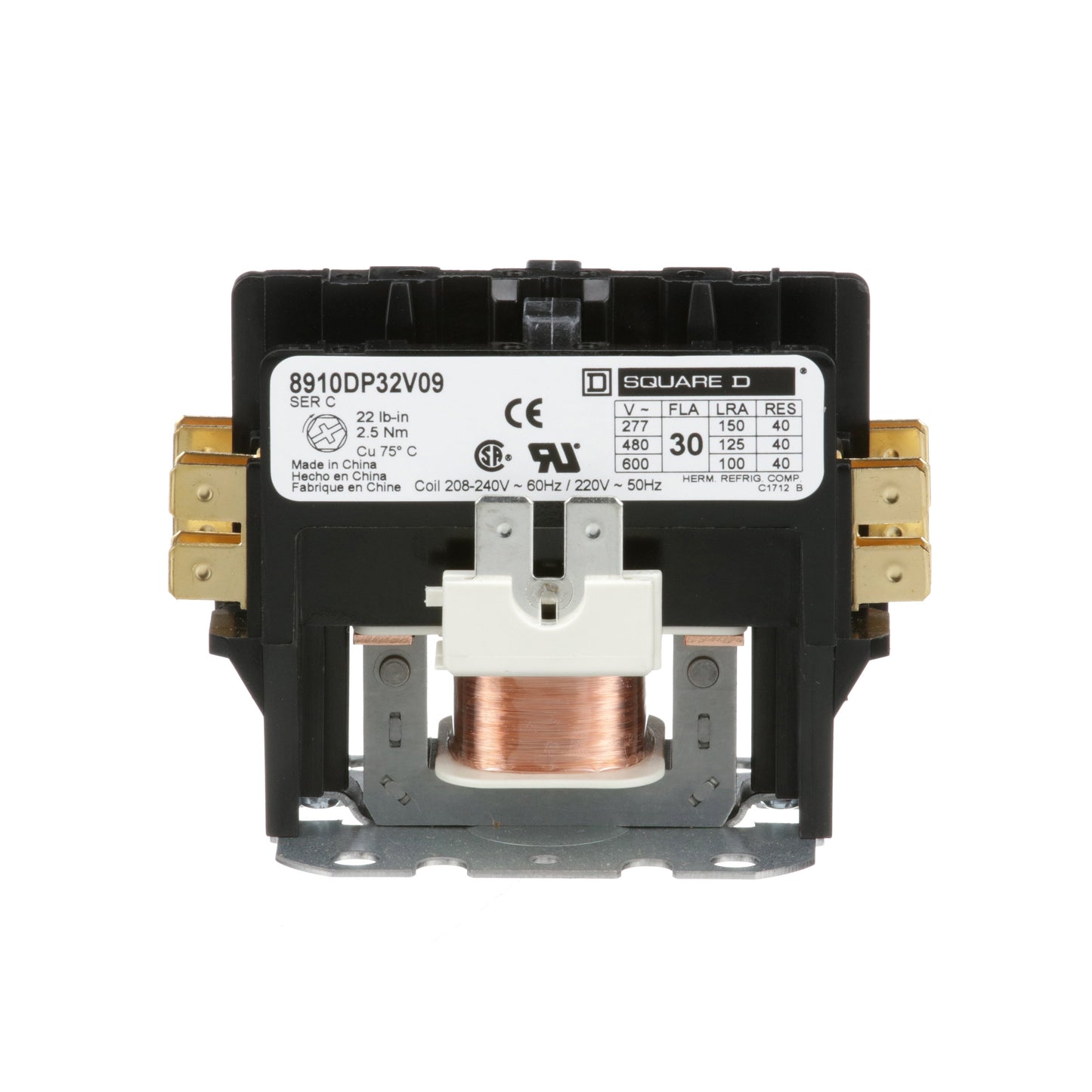 Square D 8910DP32V09 Contactor | 2 pole 1 phase 600V 30A 220VV coil Class 8910