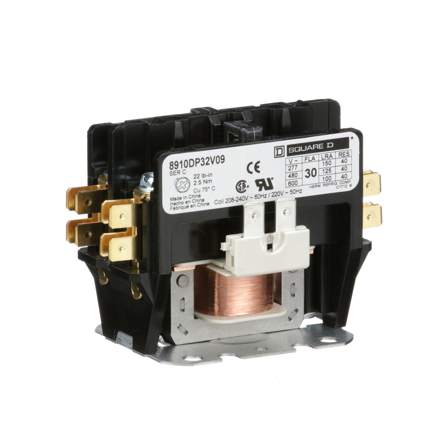 Square D 8910DP32V09 Contactor | 2 pole 1 phase 600V 30A 220VV coil Class 8910