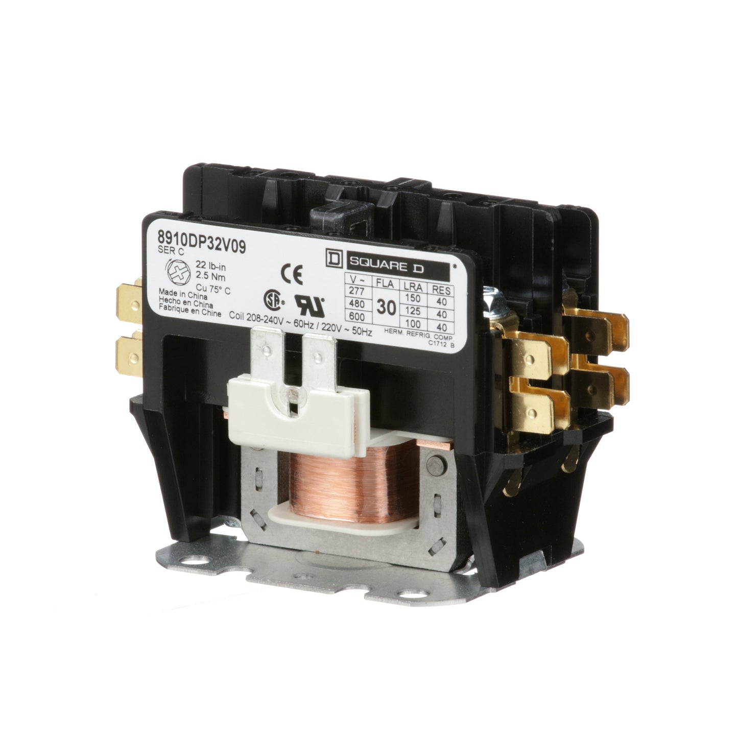Square D 8910DP32V09 Contactor | 2 pole 1 phase 600V 30A 220VV coil Class 8910