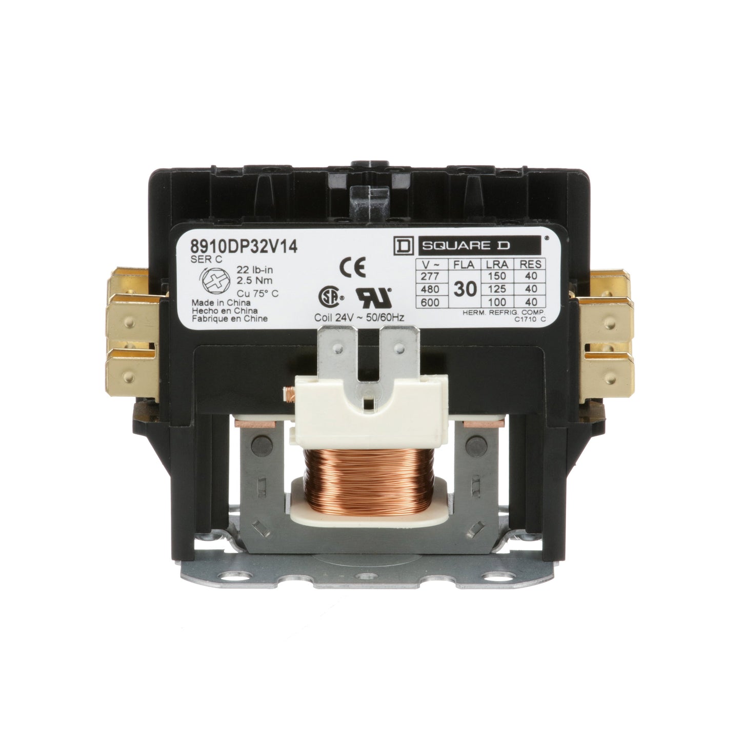 Square D 8910DP32V14 Contactor | 1 phase 600V 30A 24VV coil Class 8910