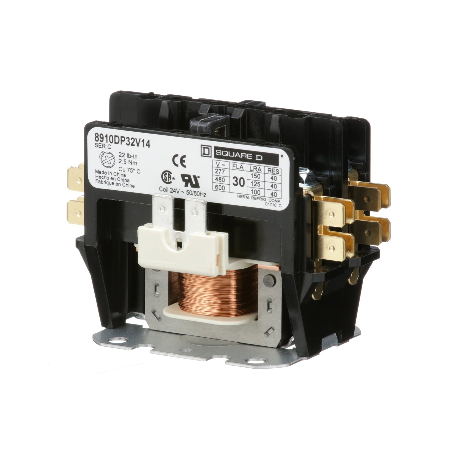 Square D 8910DP32V14 Contactor | 1 phase 600V 30A 24VV coil Class 8910