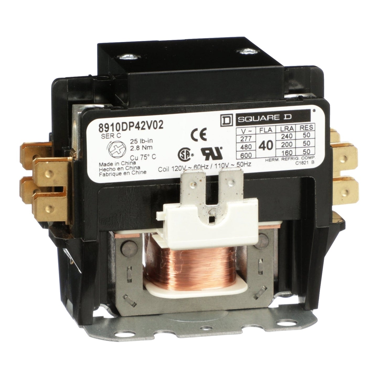 Square D 8910DP42V02 Contactor | 2 Pole 1 Phase 600V 40A 110V Coil Class 8910