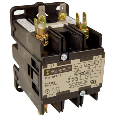 Square D 8910DPA12V14 Contactor | 600V 20A 1 Phase 2 Pole Class 8910