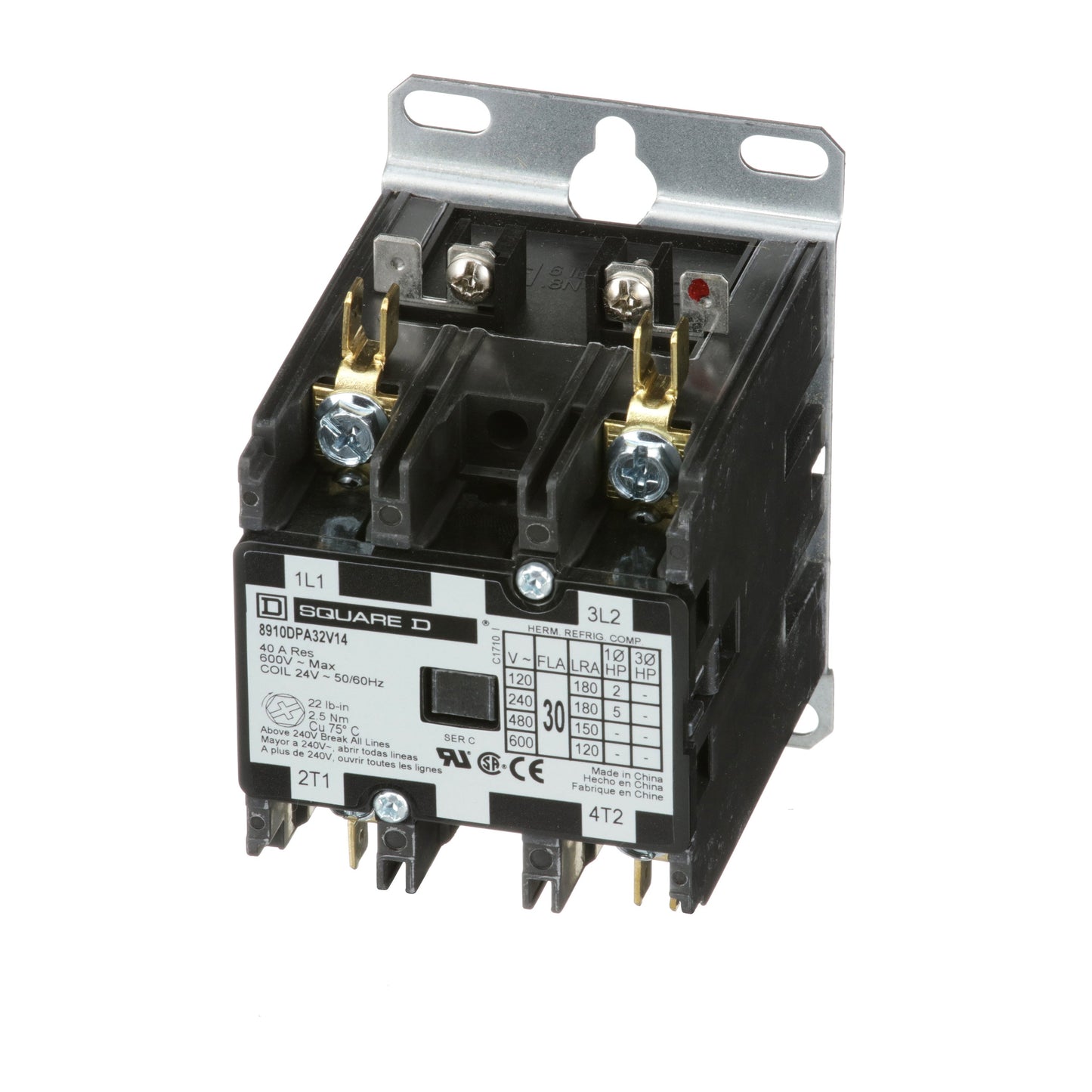 Square D 8910DPA32V14 Contactor | 2 pole 1 phase 600V 30A 24VV coil Class 8910