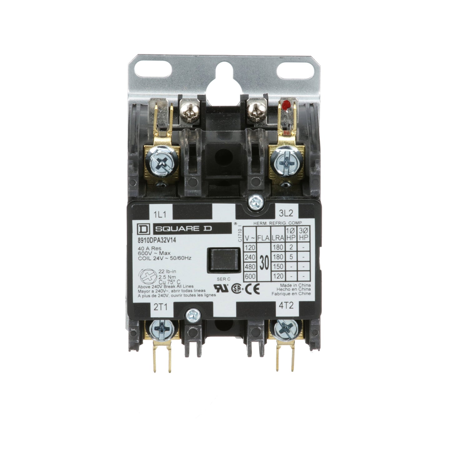Square D 8910DPA32V14 Contactor | 2 pole 1 phase 600V 30A 24VV coil Class 8910