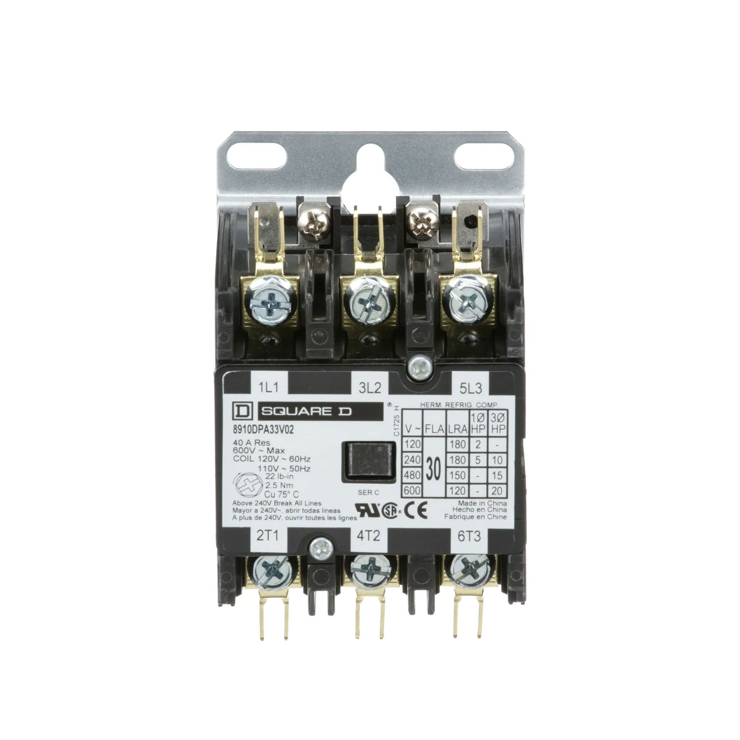 Square D 8910DPA33V02 Contactor 3P 30A 600V 110V Coil Class 8910