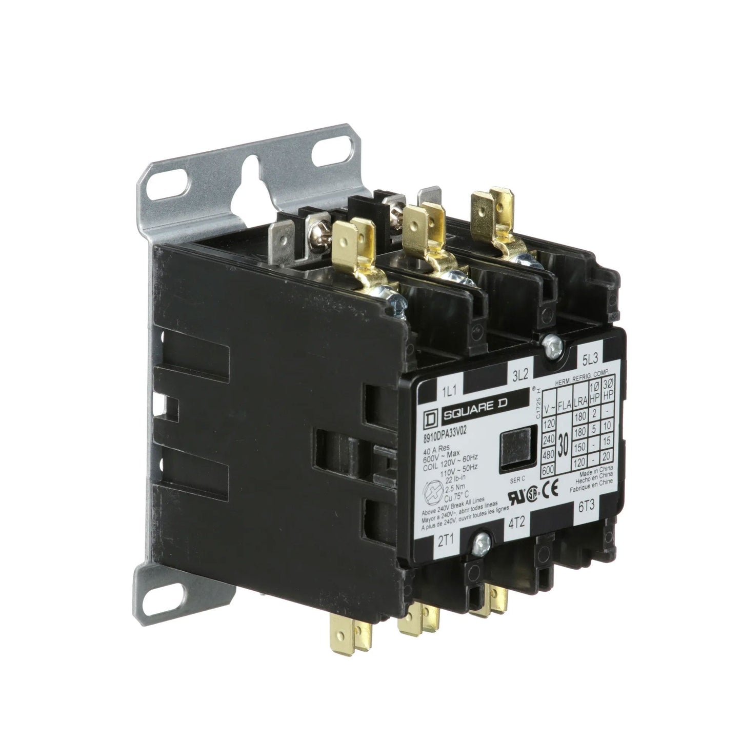 Square D 8910DPA33V02 Contactor 3P 30A 600V 110V Coil Class 8910