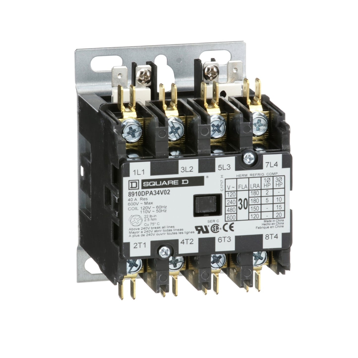8910DPA34V02 - Square D Definite Purpose Contactor 30A 110/120V - Essential Electric Supply