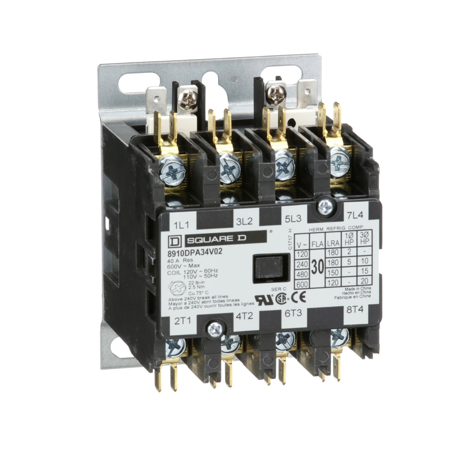 8910DPA34V02 - Square D Definite Purpose Contactor 30A 110/120V - Essential Electric Supply
