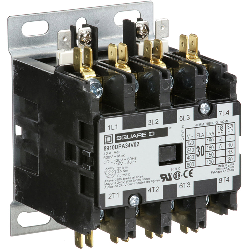 Square D 8910DPA34V02 Contactor | 4P 3P 600V 30A 110VV Class 8910