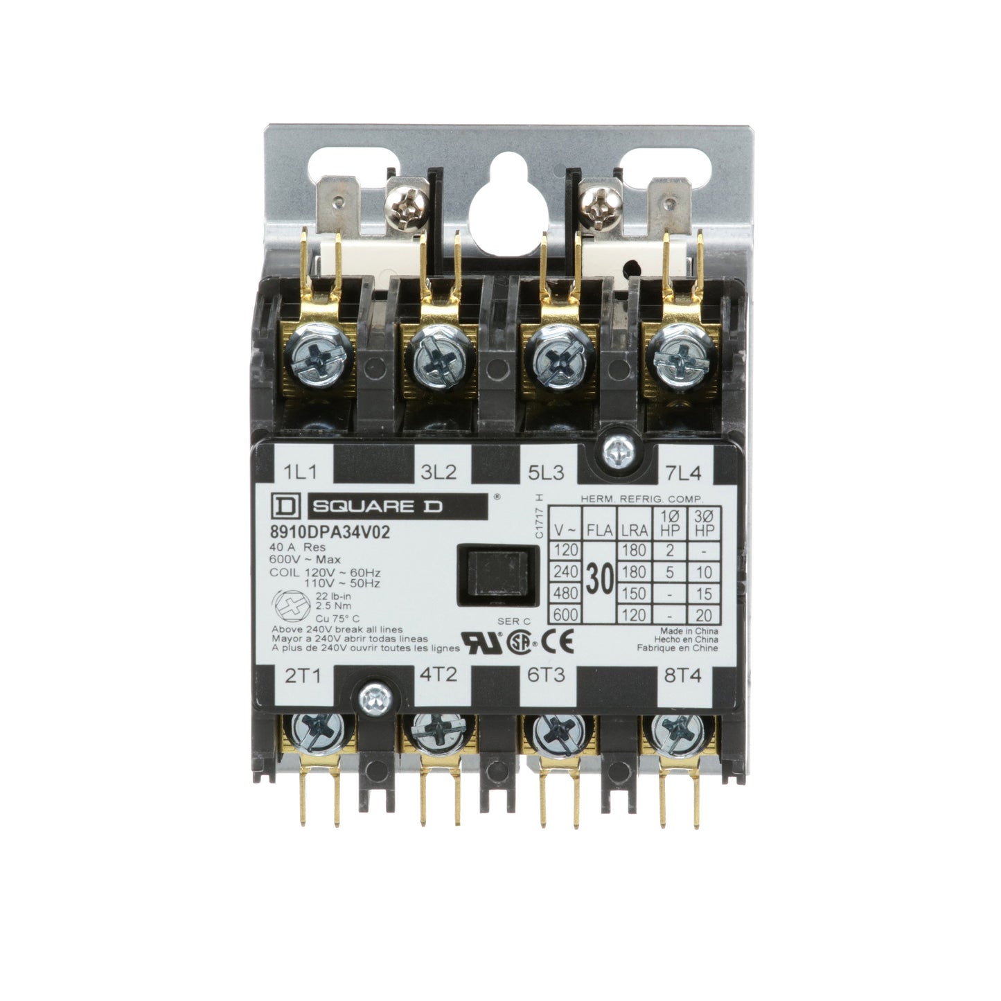 Square D 8910DPA34V02 Contactor | 4P 3P 600V 30A 110VV Class 8910
