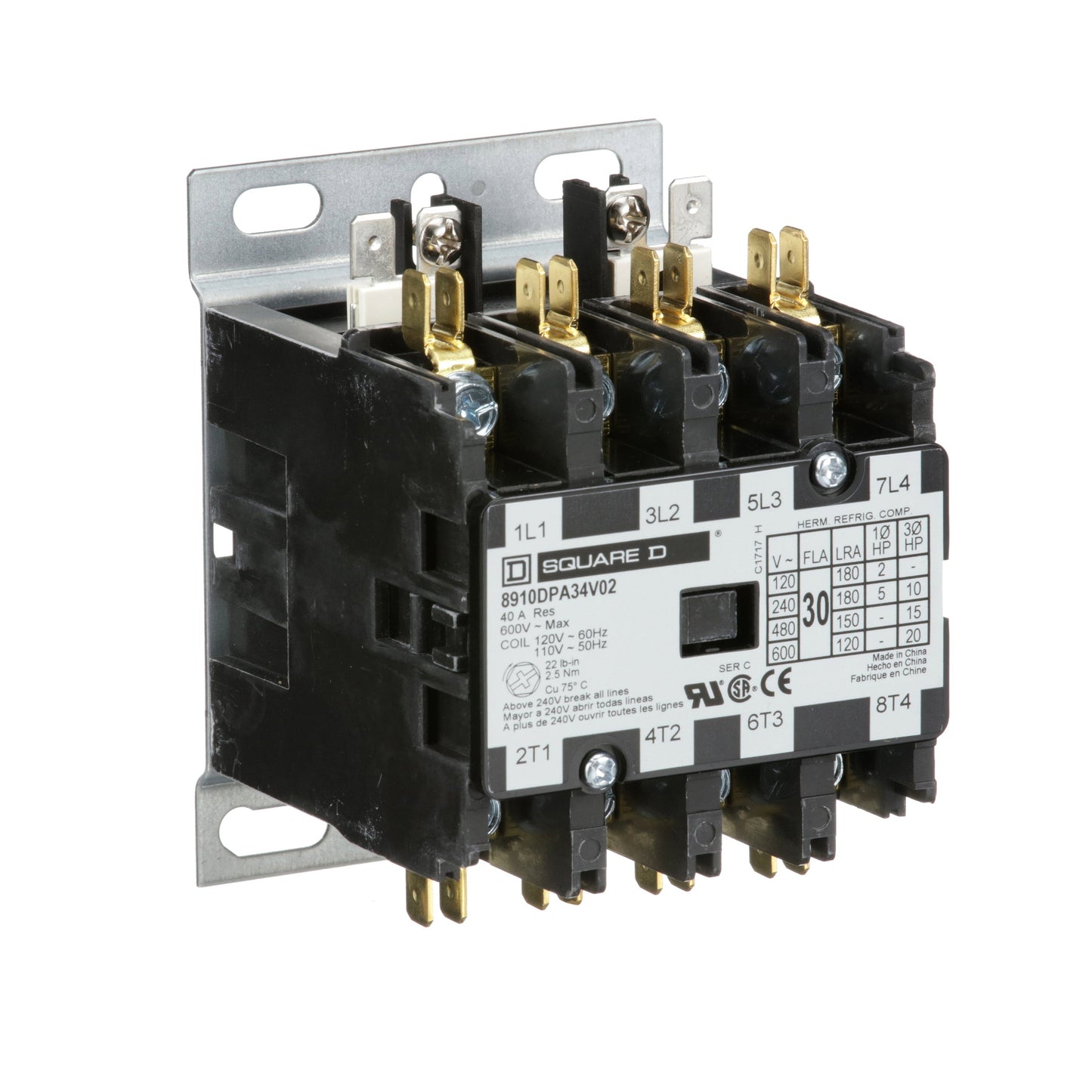 Square D 8910DPA34V02 Contactor | 4P 3P 600V 30A 110VV Class 8910