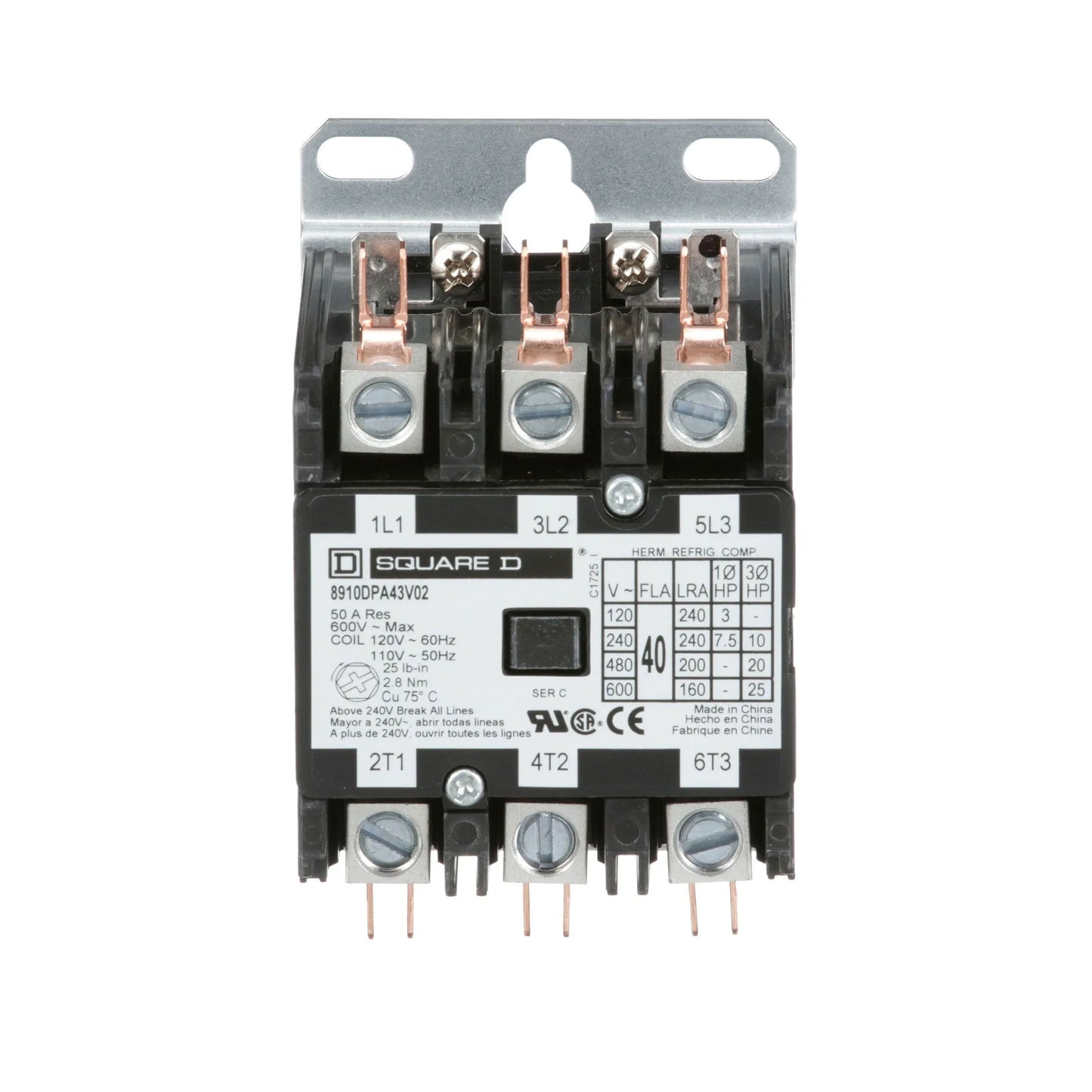 Square D 8910DPA43V02 Contactor | 3P 3Ph 600V 40A 110V Coil Class 8910