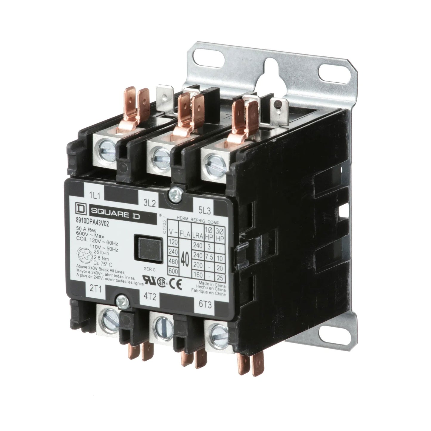Square D 8910DPA43V02 Contactor | 3P 3Ph 600V 40A 110V Coil Class 8910