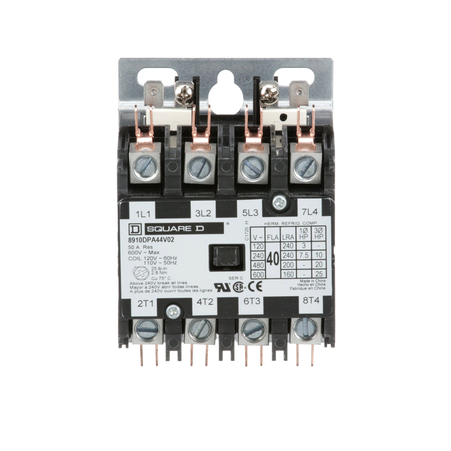 Square D 8910DPA44V02 Contactor 4P 3P 600V 40A 110V Coil Class 8910