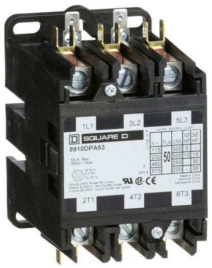 Square D 8910DPA53V09 Contactor | 3P 3Ph 600V 50A 220V Coil Class 8910