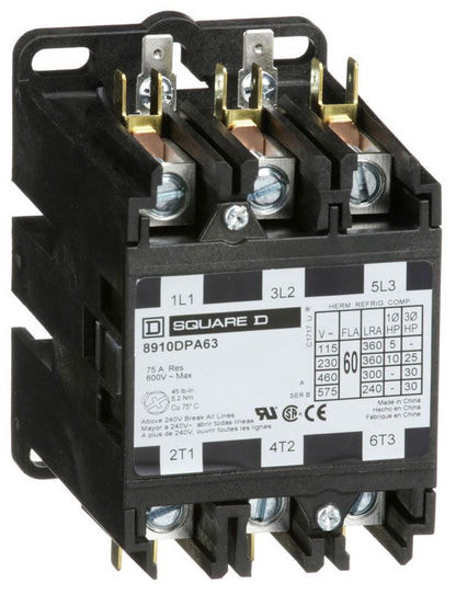 8910DPA73V02 Square D Class 8910 Contactor 600V 75A 120V Coil - Essential Electric Supply