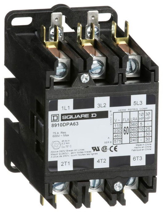 8910DPA73V02 Square D Class 8910 Contactor 600V 75A 120V Coil - Essential Electric Supply
