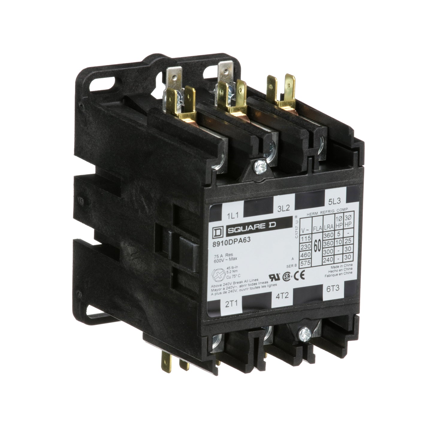 Square D 8910DPA63V02 Contactor 3P 600V 60A 110V Coil Class 8910