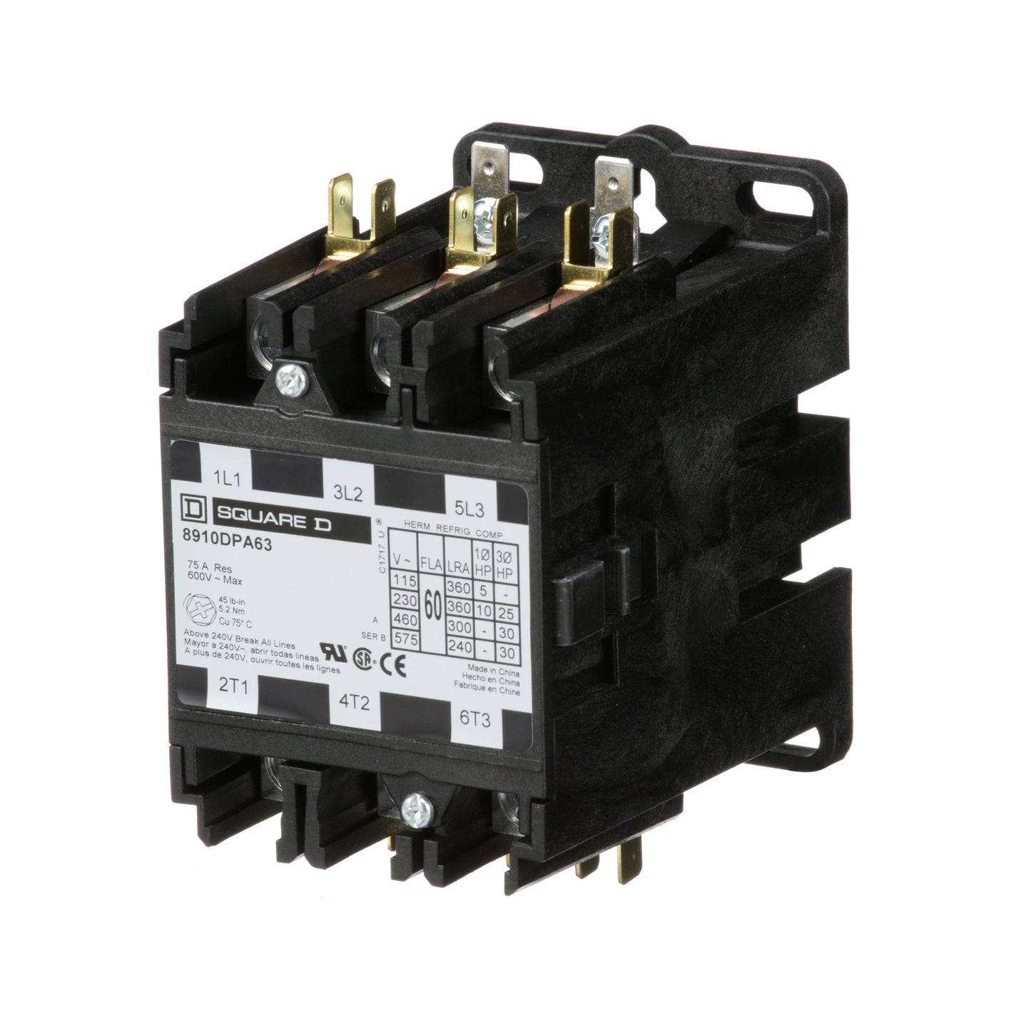Square D 8910DPA63V02 Contactor 3P 600V 60A 110V Coil Class 8910
