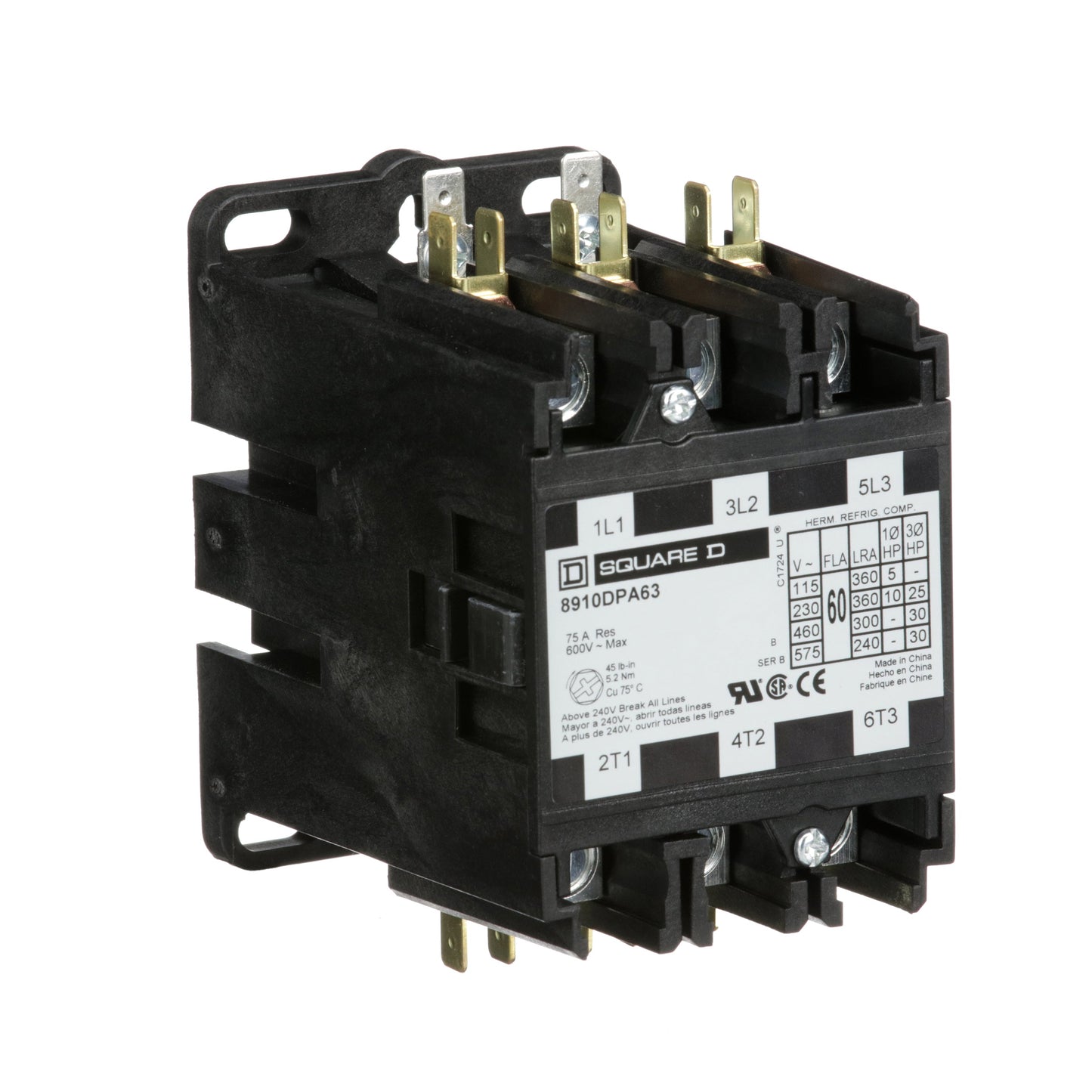 Square D 8910DPA63V09 Contactor | 3P 3P 600V 60A 220V Coil Class 8910