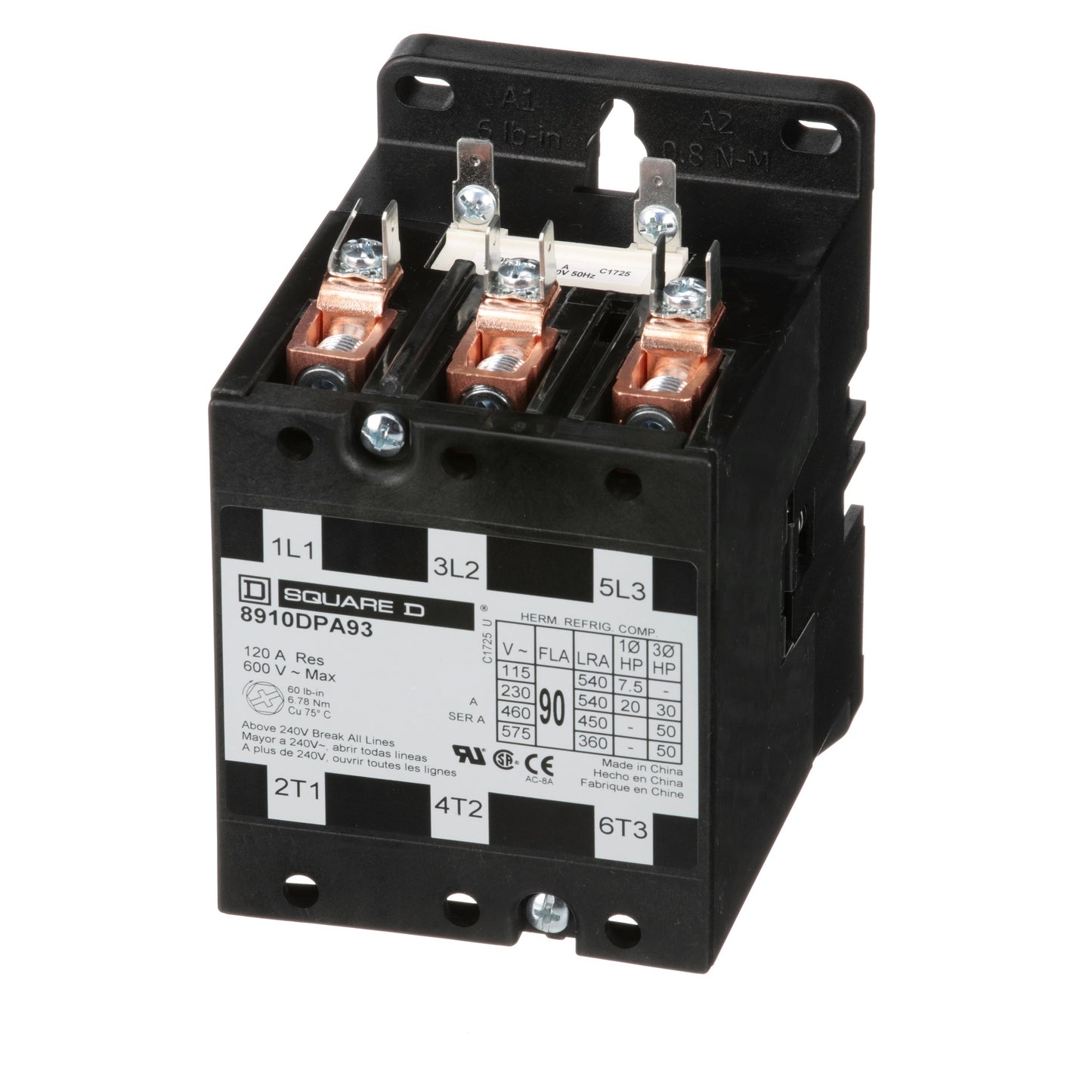 Square D 8910DPA93V02 Contactor 3P 3P 600V 90A 110V Coil Class 8910