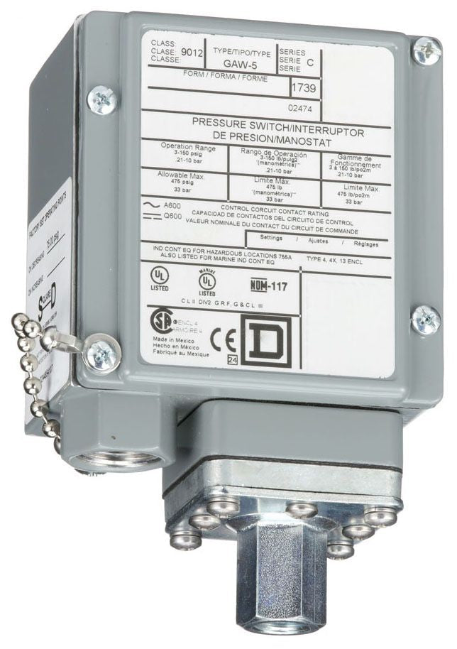 Telemecanique 9012GAW5 Pressure Switch Fluid Pressure 6A 120VAC 1NO-1NC SPDT-DB
