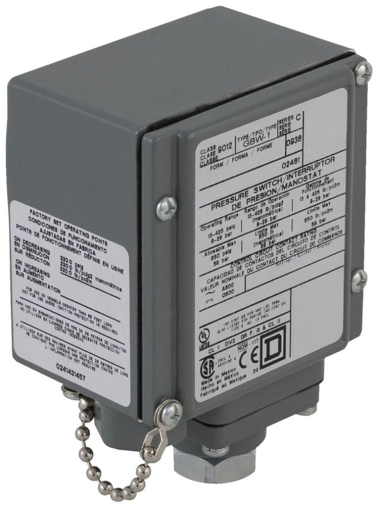 Telemecanique 9012GBW21 Pressure Switch Adjustable 13-425 PSIG 480VAC 10A 9012G