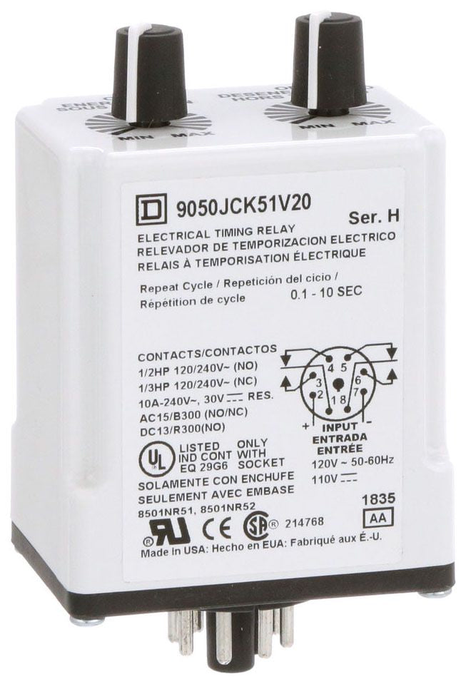 Square D 9050JCK51V20 Timing Relay | 10A 240/120 VAC 110 VDC Adjustable 0.1-10s Type JCK