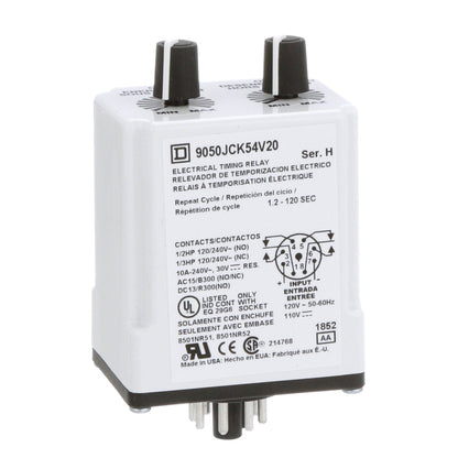 Schneider Electric 9050JCK54V20 Timing Relay Repeat C | 240VAC 10A 30VDC 10A DPDT 2NO-2NC 120VAC 110VDC