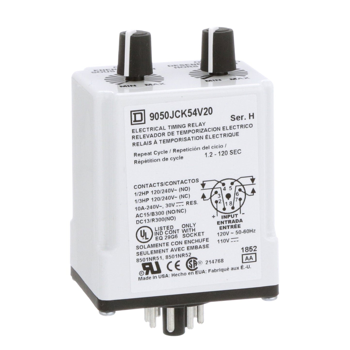 Schneider Electric 9050JCK54V20 Timing Relay Repeat C | 240VAC 10A 30VDC 10A DPDT 2NO-2NC 120VAC 110VDC