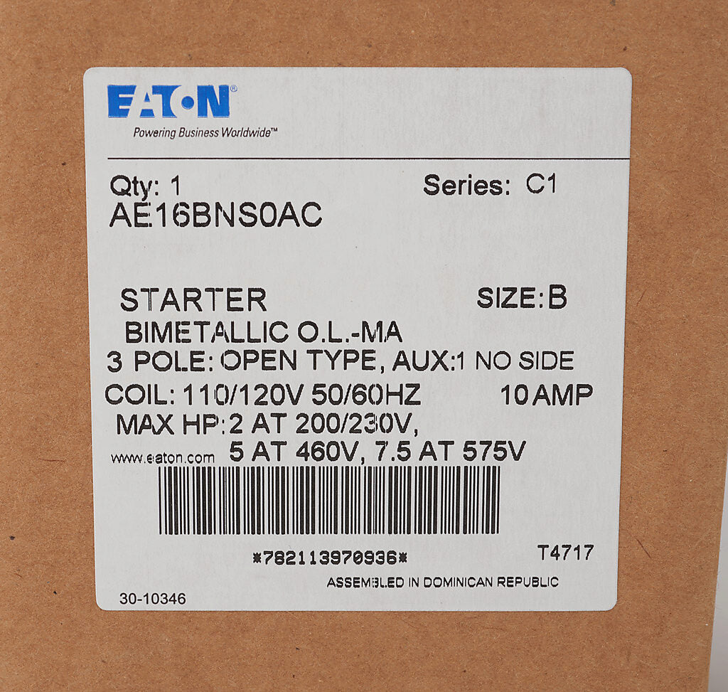 Cutler Hammer AE16BNS0AC Motor Starter 3 pole 3 phase 600V 10A 110V coil Freedom Series