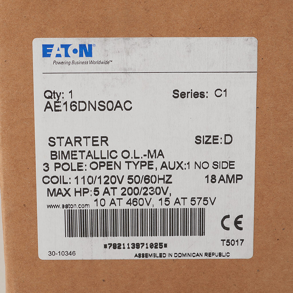 Eaton AE16DNS0AC Motor Starter 3 pole 3 phase 600V 18A 110V coil Freedom Series