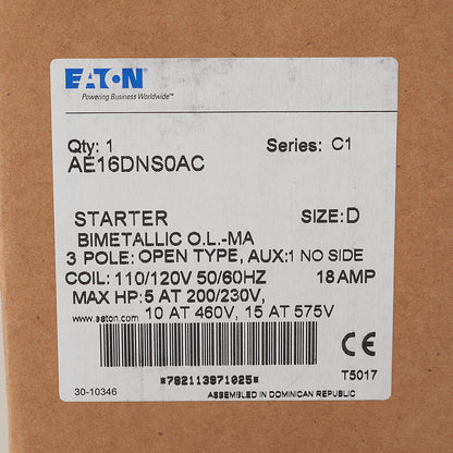 Eaton AE16DNS0AC Motor Starter 3 pole 3 phase 600V 18A 110V coil Freedom Series