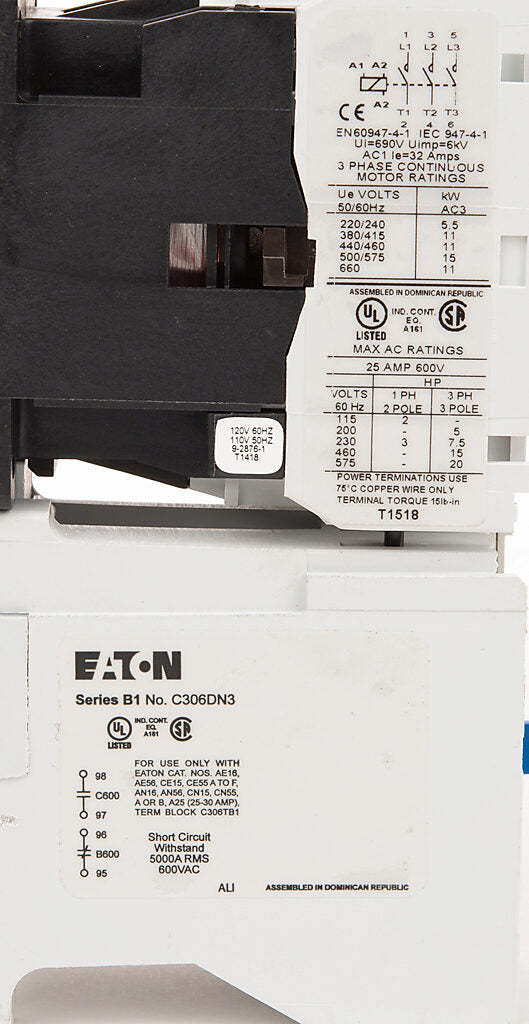 Cutler Hammer AE16ENS0AC Motor Starter 3 pole 3 phase 600V 25A 110V coil Freedom Series